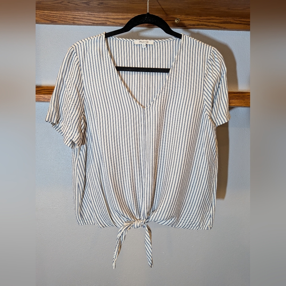 Madewell Blue and White Striped Tie-Front Blouse